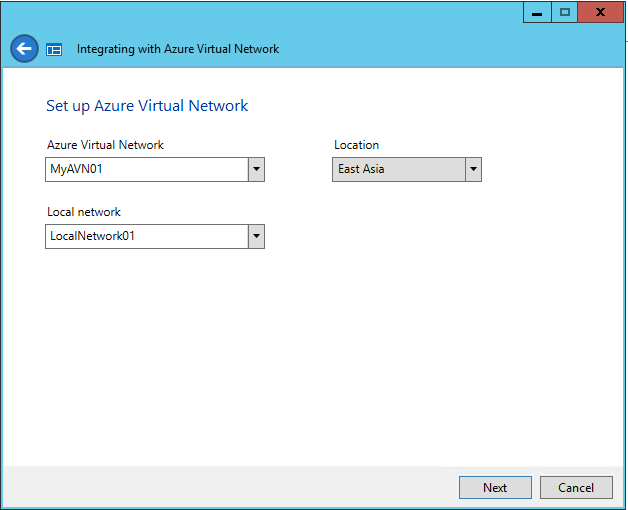 Cuplikan layar memperlihatkan halaman Siapkan jaringan Virtual Azure dari wizard Mengintegrasikan Dengan jaringan Virtual Azure.