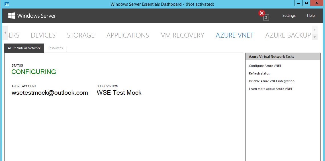 Cuplikan layar memperlihatkan halaman Azure VNet dari dasbor Windows Server Essentials. Tab Jaringan Virtual Azure dipilih dan menampilkan status sebagai Mengonfigurasi.