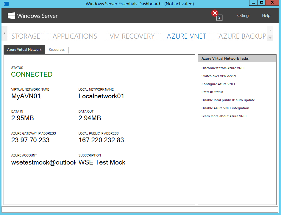 Cuplikan layar memperlihatkan halaman Azure VNet dari dasbor Windows Server Essentials. Tab Jaringan Virtual Azure dipilih dan memperlihatkan status sebagai Tersambung, dan di bawah informasi status ini detail jaringan virtual ditampilkan.