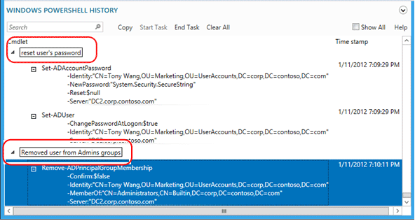 Cuplikan layar yang menyoroti cara melihat perintah Windows PowerShell yang digunakan untuk mengubah kata sandi pengguna dan menghapus pengguna dari grup.