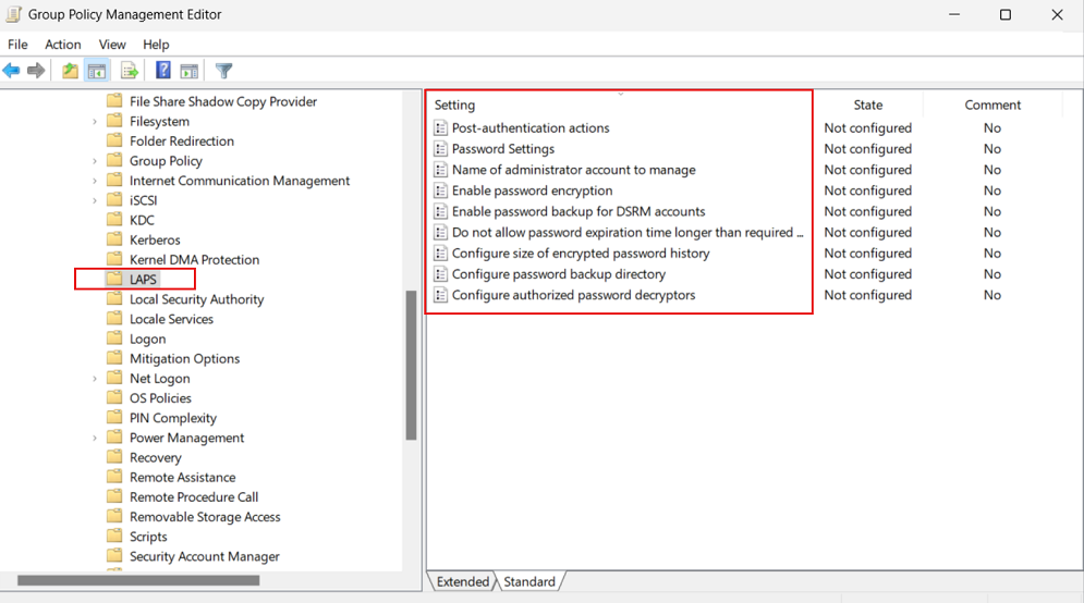 Cuplikan layar Editor Manajemen Kebijakan Grup yang memperlihatkan pengaturan kebijakan Windows LAPS.