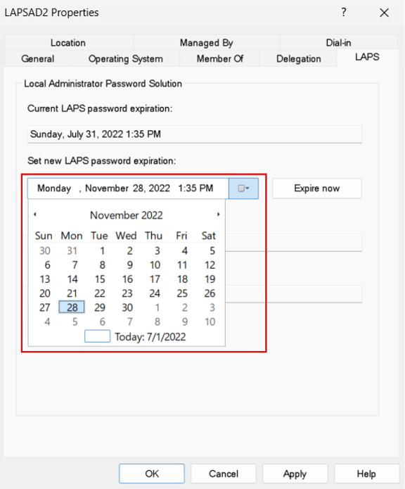 Cuplikan layar yang memperlihatkan modifikasi waktu kedaluwarsa kata sandi dalam dialog properti Windows LAPS di snap-in Pengguna dan Komputer Windows Server Active Directory.