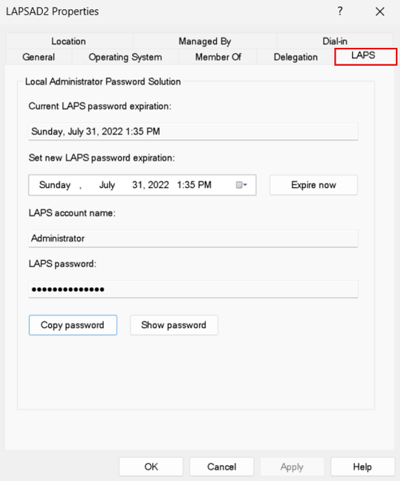 Tangkapan layar yang memperlihatkan dialog properti Windows LAPS di snap-in Pengguna dan Komputer di Windows Server Active Directory.