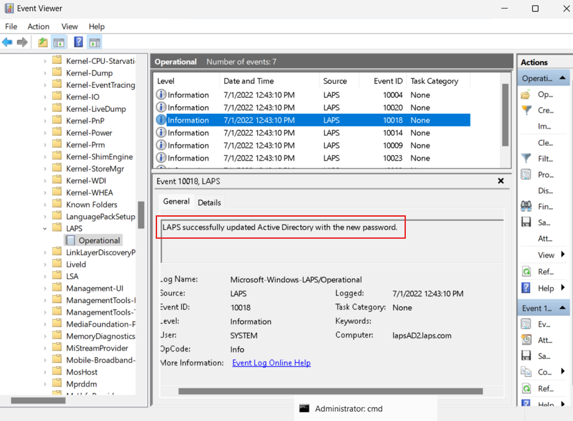 Cuplikan layar log peristiwa yang memperlihatkan pesan log peristiwa pembaruan kata sandi Windows Server Active Directory yang berhasil.