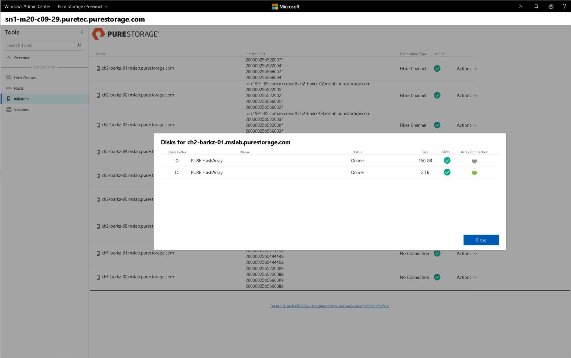 Screenshot showing what disks are connected to a specific Windows Server host.