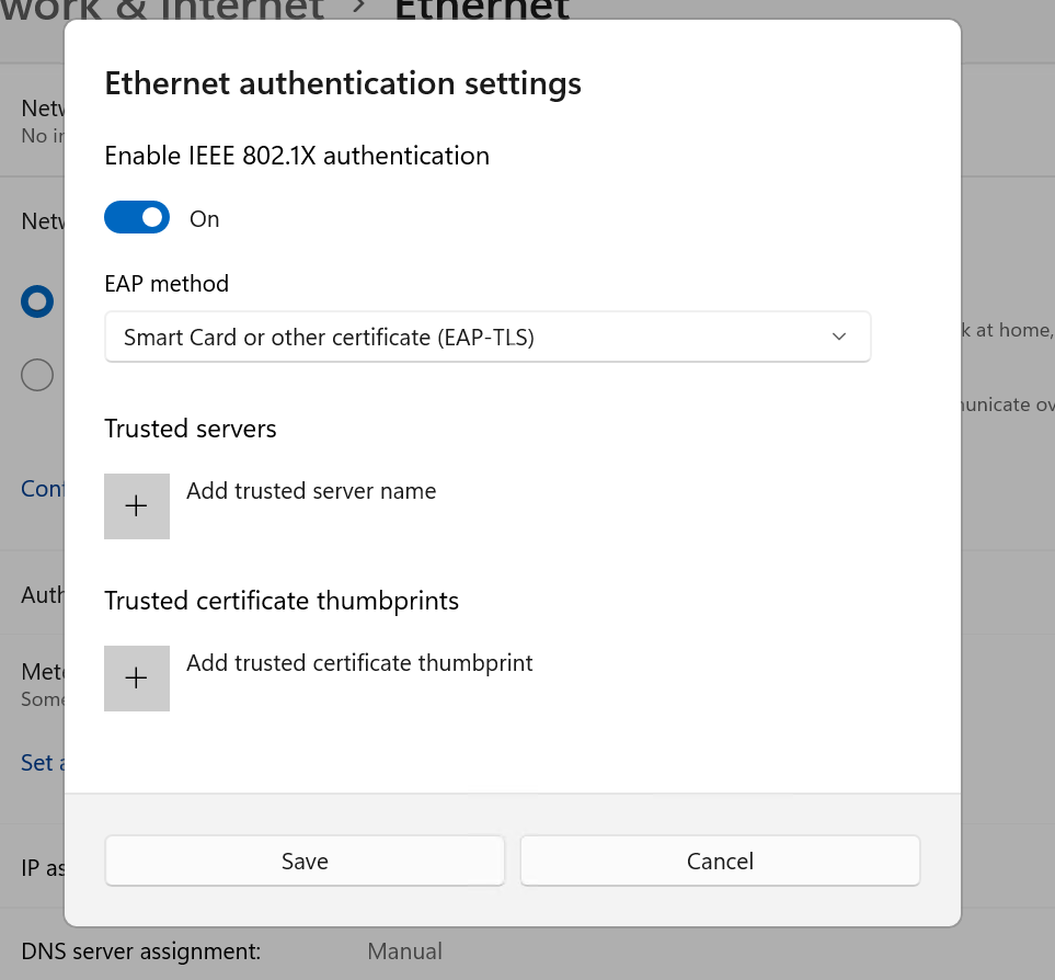 Cuplikan layar dialog pengaturan autentikasi Ethernet, diperluas, di aplikasi pengaturan Windows 11.