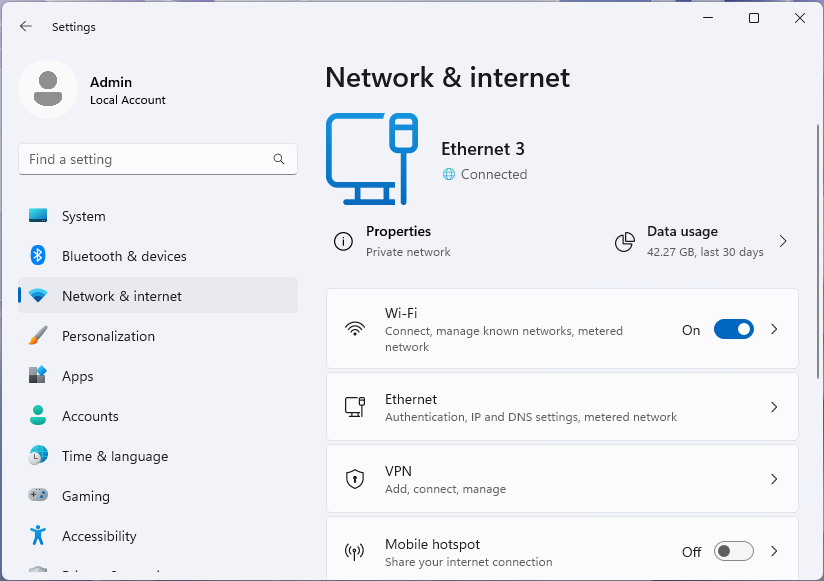 Cuplikan layar halaman Jaringan & internet di aplikasi pengaturan Windows 11.