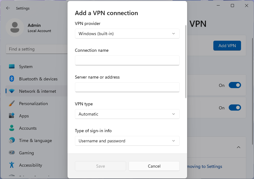 Cuplikan layar dialog Tambahkan koneksi VPN di aplikasi pengaturan Windows 11.