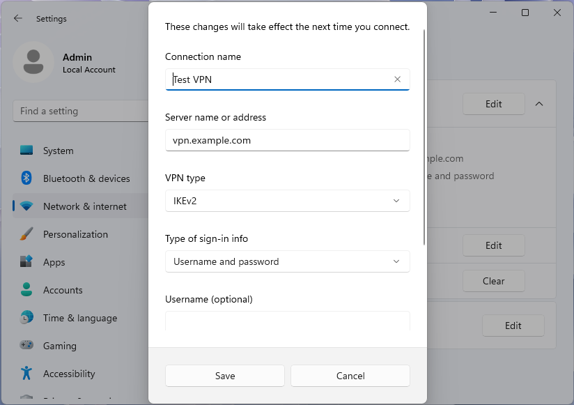 Cuplikan layar dialog Edit profil VPN di aplikasi pengaturan Windows 11.