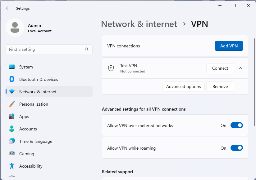 Cuplikan layar halaman VPN dengan profil yang dipilih di aplikasi pengaturan Windows 11.