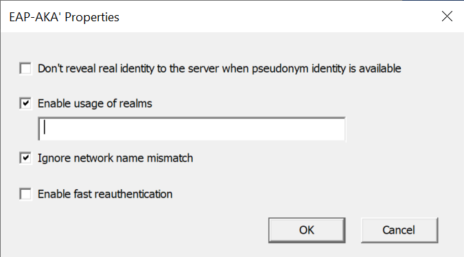 Cuplikan layar memperlihatkan dialog Properti EAP-AKA.