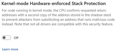 Cuplikan layar pengalih untuk mengaktifkan atau menonaktifkan Perlindungan Tumpukan yang diberlakukan Perangkat Keras mode Kernel.