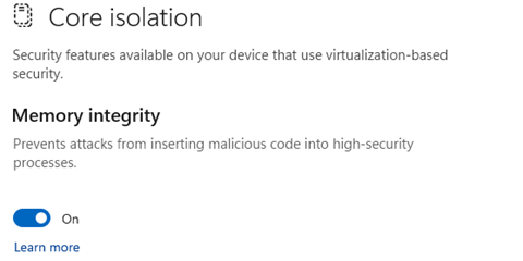 Cuplikan layar tombol untuk mengaktifkan atau menonaktifkan integritas memori.