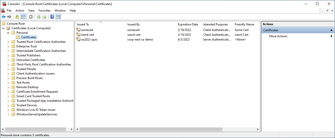 Gambar yang menunjukkan proses penyelesaian pendaftaran sertifikat di Microsoft Management Console