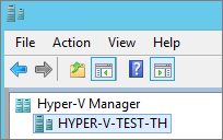 Cuplikan layar yang memperlihatkan nama komputer host yang tercantum di bawah Hyper-V Manager di panel kiri.