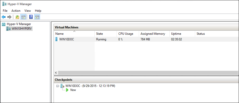 Cuplikan layar titik pemeriksaan yang dibuat di Hyper V Manager