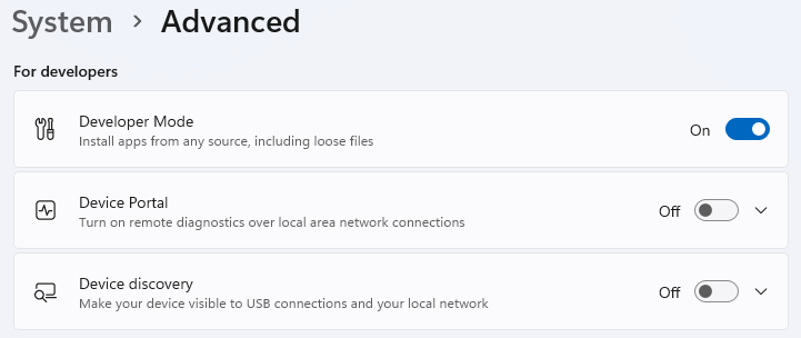 Cuplikan layar pengaturan Tingkat Lanjut Windows untuk pengembang, memperlihatkan Mode Pengembang, Portal Perangkat, dan Penemuan perangkat.