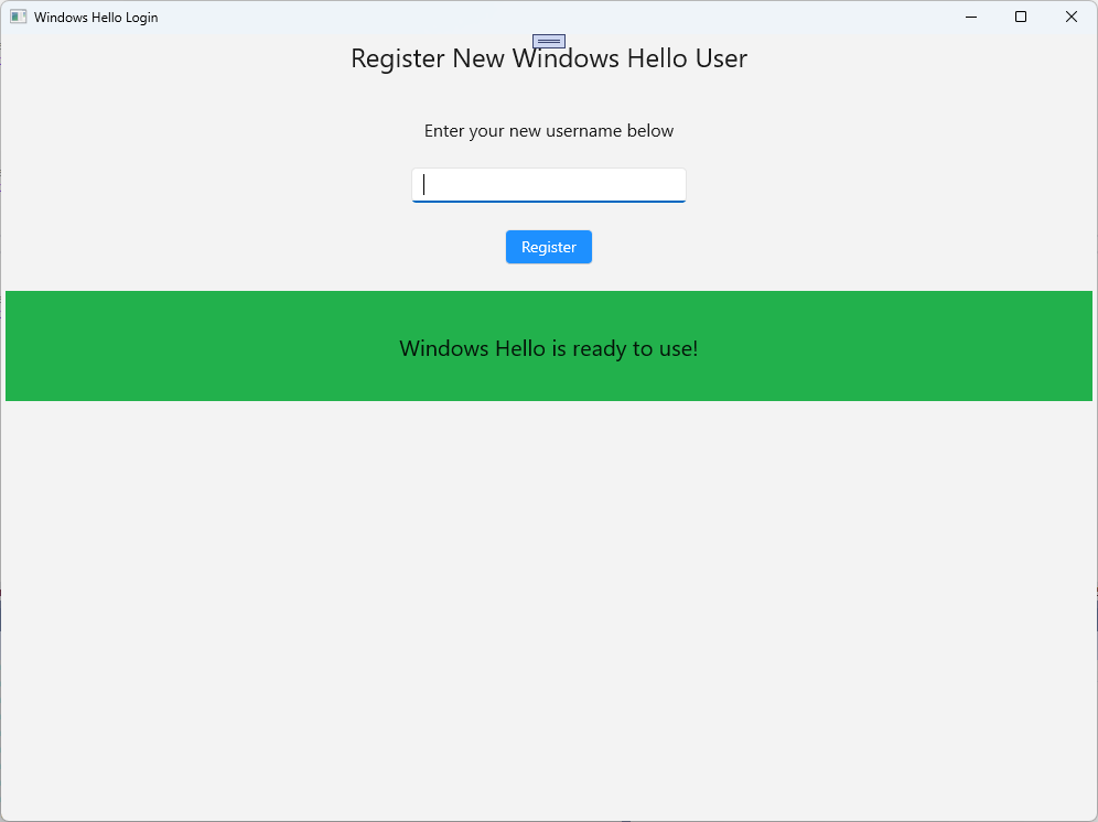 Cuplikan layar halaman pengguna baru pendaftaran Windows Hello