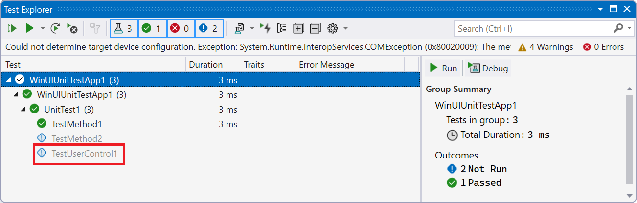 Screenshot jendela Test Explorer di Visual Studio memperlihatkan pengujian sampel default dengan unit test baru.