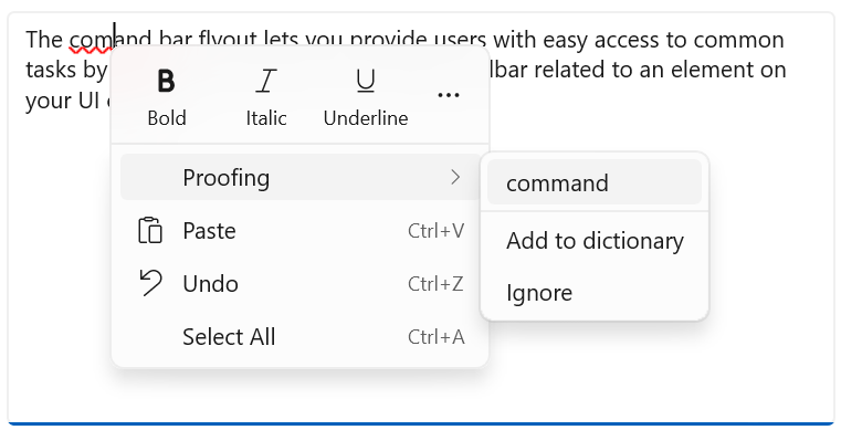 Menu dropdown bilah perintah pemeriksaan teks lanjutan