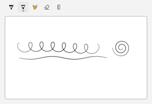 An ink toolbar with the pencil button selected above a canvas with gray pencil strokes.