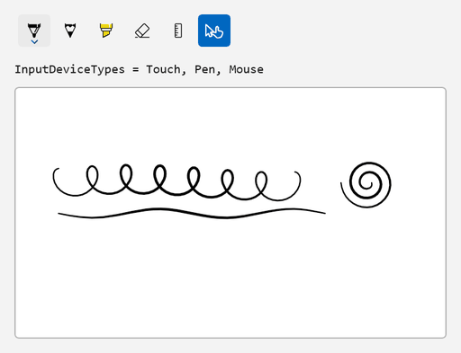 An ink toolbar with ballpoint pen, pencil, highlighter, eraser, and ruler buttons followed by a custom toggle button with a touch icon, which is turned on. Text reads InputDeviceTypes = Touch, Pen, Mouse, and the canvas shows black ink strokes.
