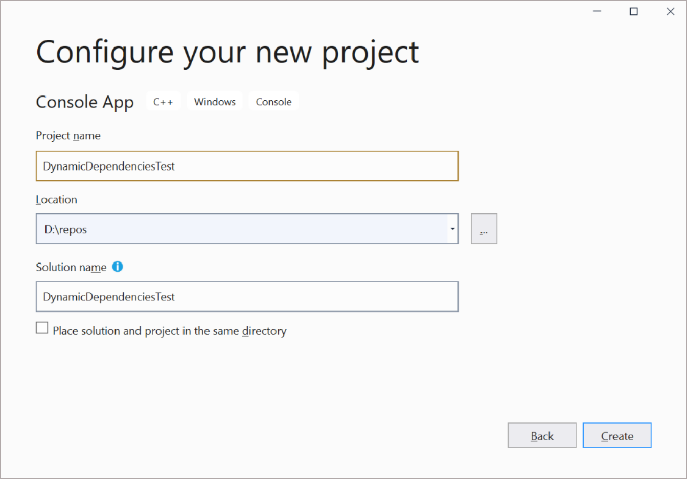 Cuplikan layar penamaan aplikasi C++ baru di Visual Studio