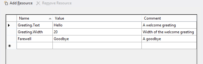 Cuplikan layar tabel Tambahkan Sumber Daya dari file Strings > E N U S > Resources.resw.
