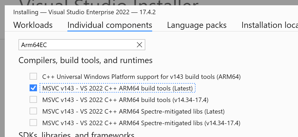 Cuplikan layar kotak centang Visual Studio Installer Arm64EC