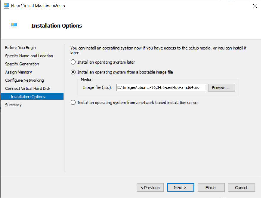 Screenshot of the Installation Options page of the Hyper-V New Virtual Machine Wizard.