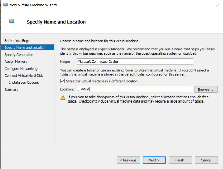 Screenshot of the Specify Name and Location page in the Hyper-V New Virtual Machine Wizard.
