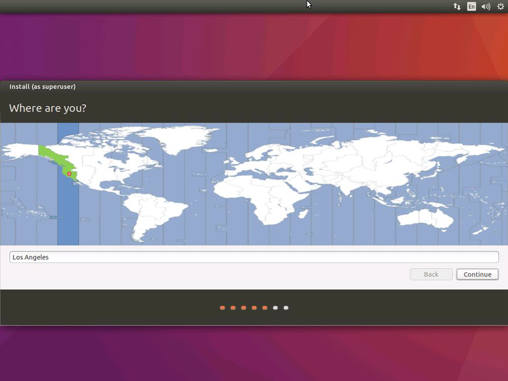 Screenshot of the Ubuntu install's 'Where are you page' to specify time zone.
