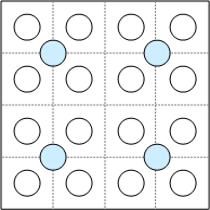 Diagram yang mirip dengan yang asli, tetapi lingkaran klorma hanya muncul di persimpangan batas baris bernomor ganjil dan batas kolom bernomor ganjil