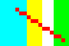 ilustrasi memperlihatkan piksel merah solid pada latar belakang multiwarna
