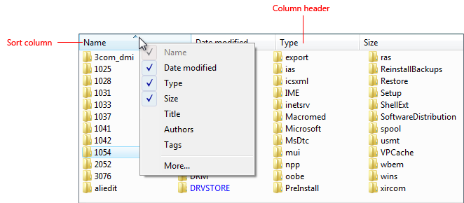 cuplikan layar tampilan daftar dengan header kolom 