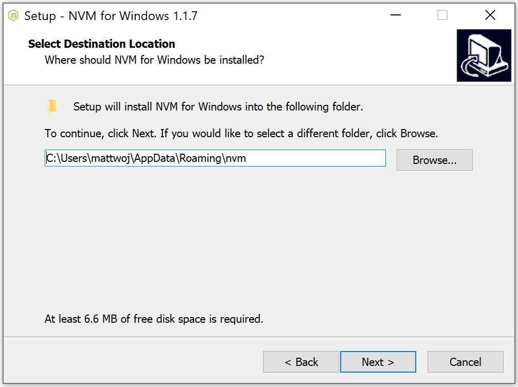 Wizard penginstalan NVM untuk Windows