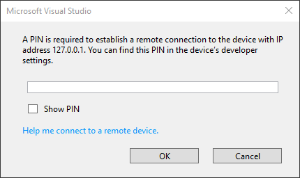 Cuplikan layar pop-up visual studio yang meminta PIN