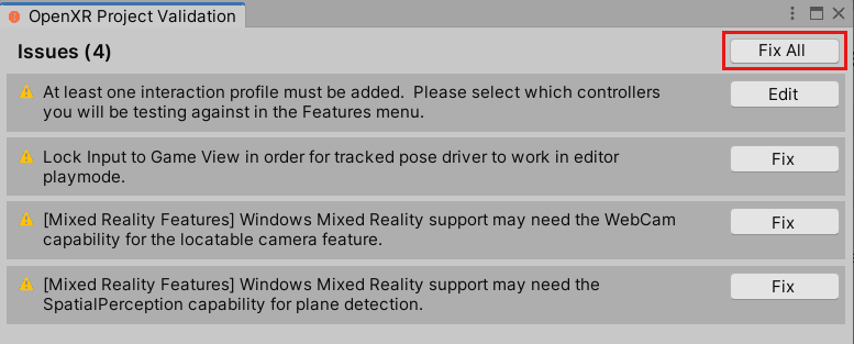 Cuplikan layar tombol Perbaiki Semua di jendela Validasi Proyek OpenXR.