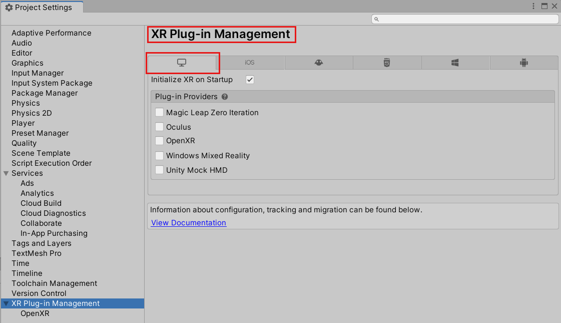 Cuplikan layar Jendela Pengaturan Proyek terbuka ke Halaman Manajemen Plugin XR dan tab PC, Mac & Linux Mandiri.