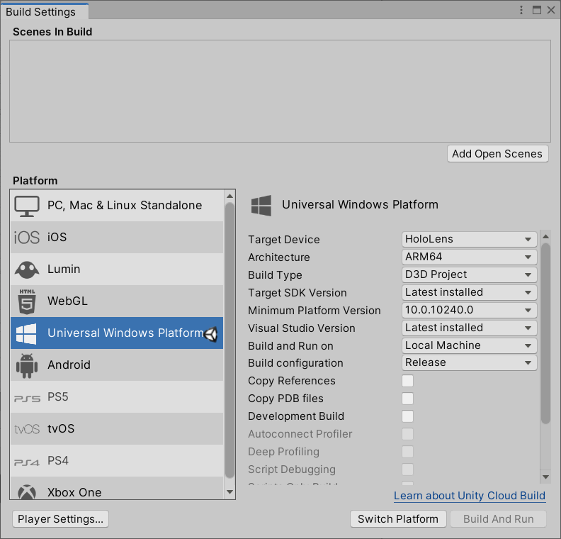 Cuplikan layar jendela Pengaturan Build terbuka di editor unity dengan Platform Windows Universal disorot.