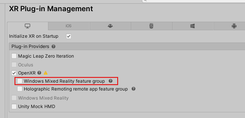 Cuplikan layar Jendela Pengaturan Proyek, Plugin OpenXR dan grup fitur Windows Mixed Reality disorot.