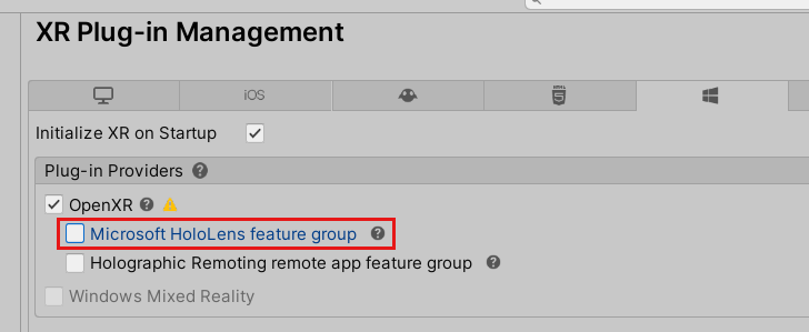 Cuplikan layar Jendela Pengaturan Proyek dengan plugin OpenXR dan Grup Fitur Microsoft HoloLens disorot.