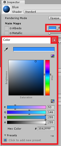 Cuplikan layar panel Inspektur. Bagian warna disorot.