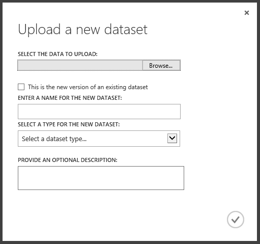 Cuplikan layar dialog Unggah himpunan data baru, yang memperlihatkan tombol Telusuri pengguna untuk menemukan dan memilih data yang akan diunggah.