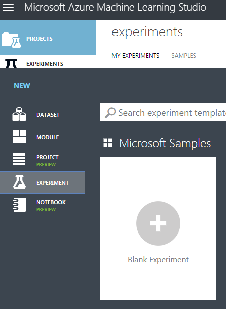 Cuplikan layar jendela Pembelajaran Mesin Microsoft Azure Studio, yang memperlihatkan item menu Eksperimen dipilih.