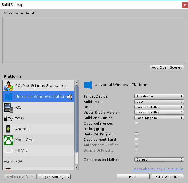 Cuplikan layar dialog Pengaturan Build, yang memperlihatkan item menu Platform Windows Universal dipilih.