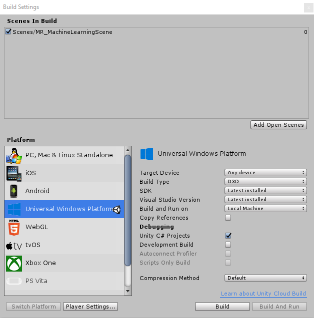 Cuplikan layar dialog Pengaturan Build, yang memperlihatkan item menu Platform Windows Universal disorot.