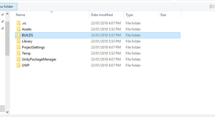 Cuplikan layar jendela File Explorer, yang memperlihatkan folder Build yang disorot.