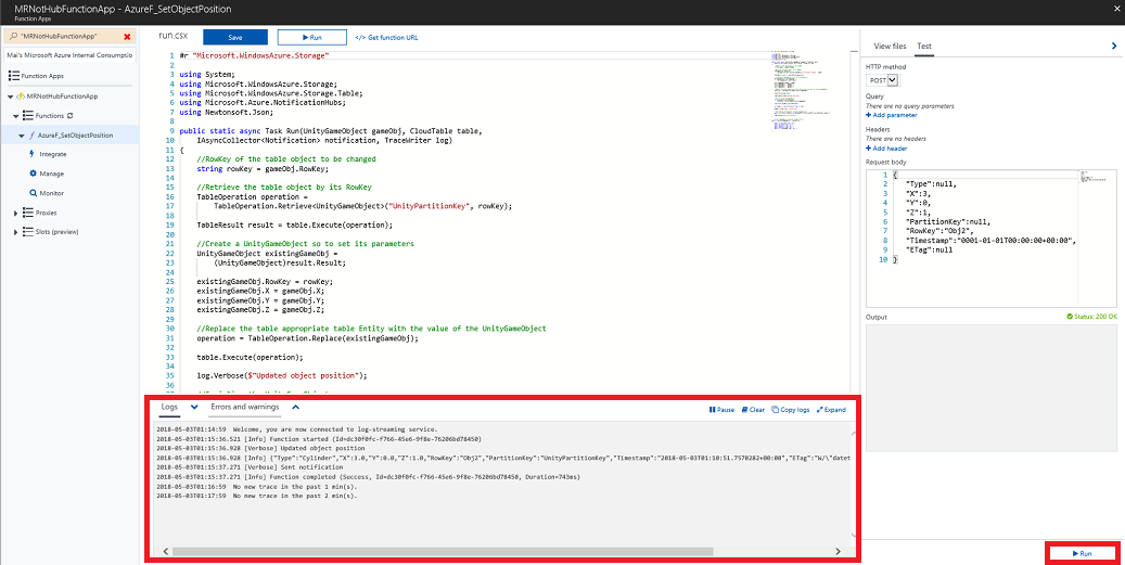 Cuplikan layar yang menunjukkan log output pengujian di area konsol.