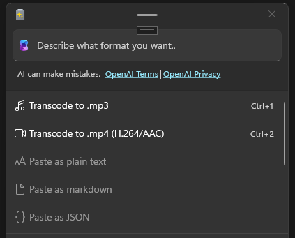 Cuplikan layar jendela PowerToysAdvanced Paste dengan opsi Transcode ke .mp3 dan Transcode ke .mp4 (H.264/AAC) diaktifkan.